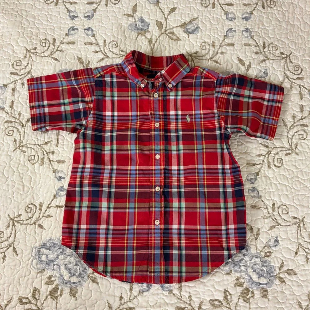 Ralph Lauren Plaid Shirt Toddler 4T Red Excellent Short Sleeve Button Down